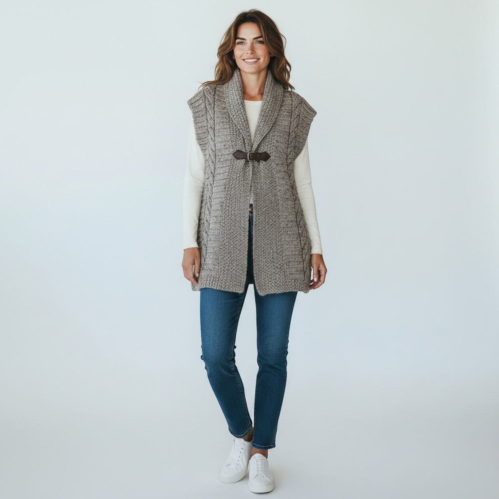 JM Cooper British Wool Cable Knit Vest Shawl Collar Buckle Beige XL  academia y2